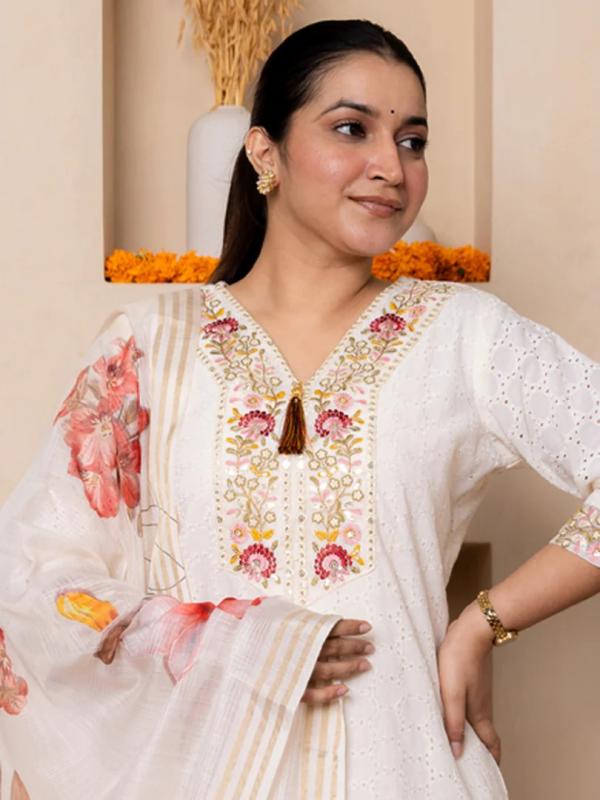 VP 9778 O Handwork Cotton Straight Kurta With Trousers & Dupatta Sets